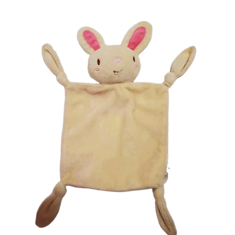 Cream Yellow Hello Bunny Rabbit Baby Security Blanket pink ears knotted corners